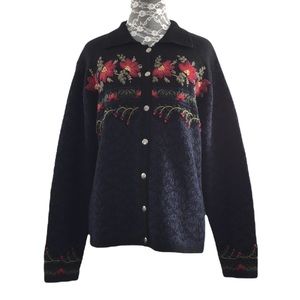 Talbots Vintage Black Blue Argyle Floral Holiday Jacket Womens Large Wool Silk